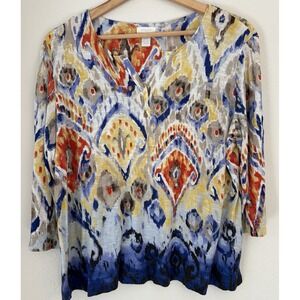 Chico's Ikat Print 3/4 Sleeve Womens Knit Blouse Top 3 XL Boho Artsy Abstract